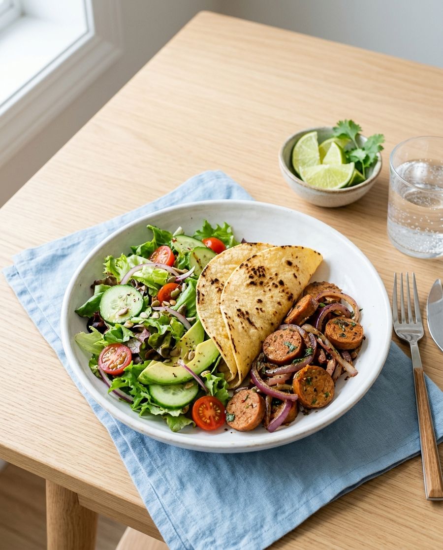 Plato con ensalada, tortillas y salchicha vegetal