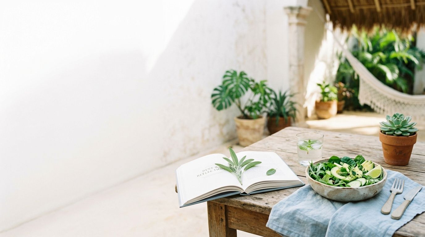 Mesa en un patio de Mérida con ensalada verde, agua fresca y un libro abierto