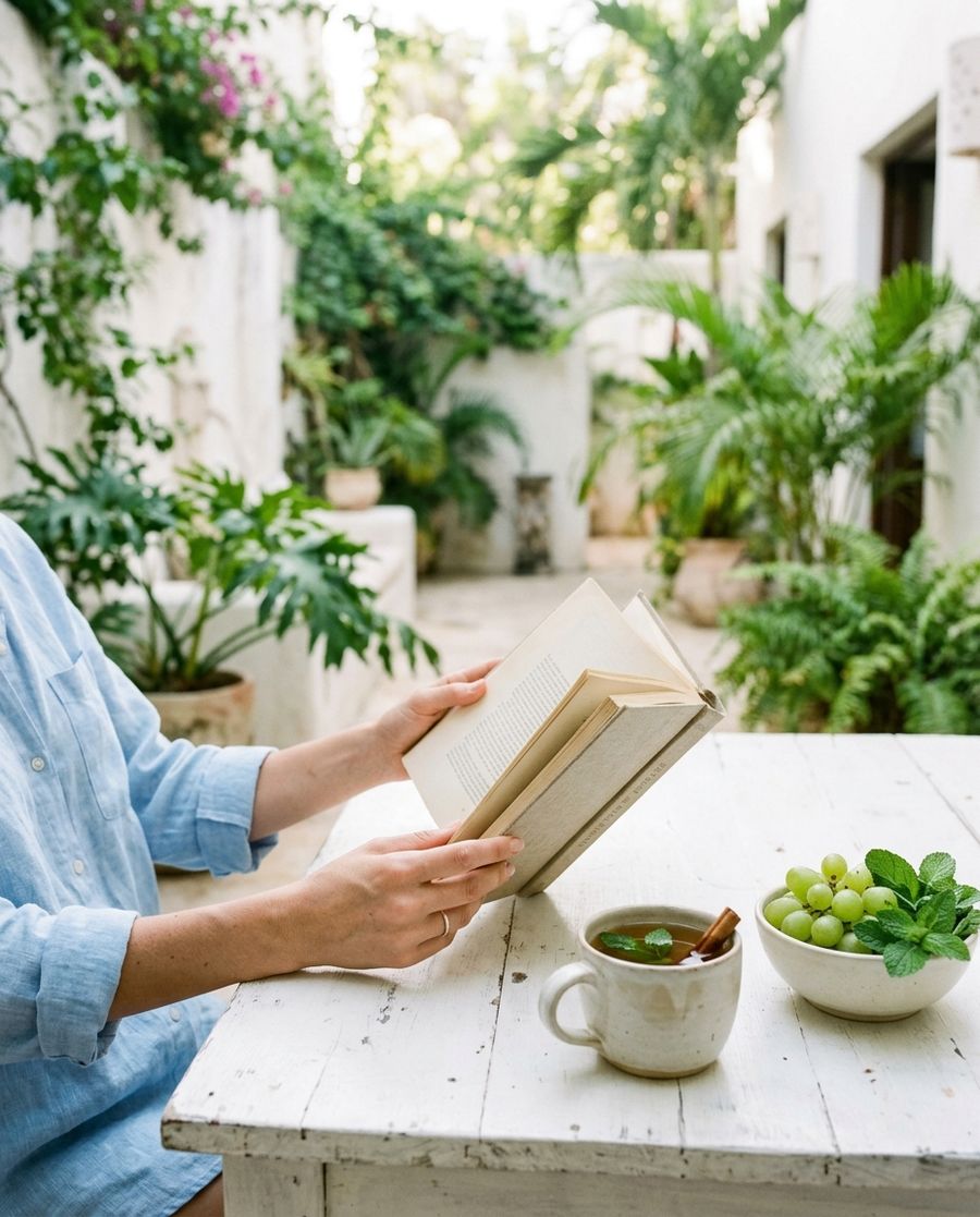 Persona leyendo un libro junto a una taza de té y uvas